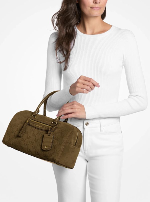 Michael Kors Jet Set Travel Medium Logo Embossed Suede Duffel Crossbody Bag
