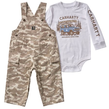 Carhartt Boys' 2-Piece Long Sleeve Bodysuit & Printed Canvas Overall Set (Baby)