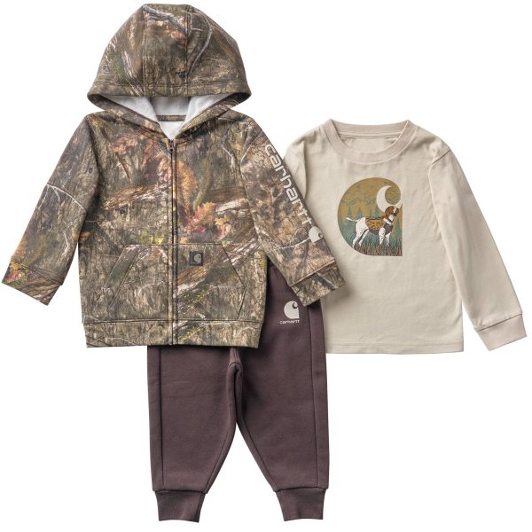Carhartt Boys' 3-Piece Long Sleeve T-Shirt, Full-Zip Hooded Camo Jacket & Fleece Pant Set (Baby)