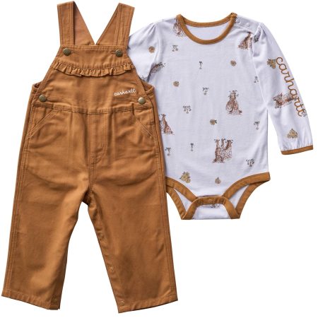 Carhartt Girls' 2-Piece Long Sleeve Printed Bodysuit & Canvas Overall Set (Baby)