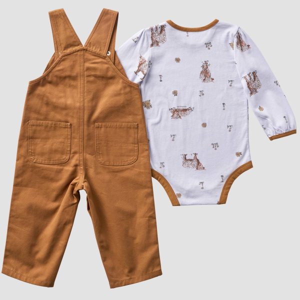 Carhartt Girls' 2-Piece Long Sleeve Printed Bodysuit & Canvas Overall Set (Baby)