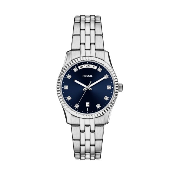 Fossil Scarlette 34mm Three-Hand Day-Date Stainless Steel Watch - Preorder