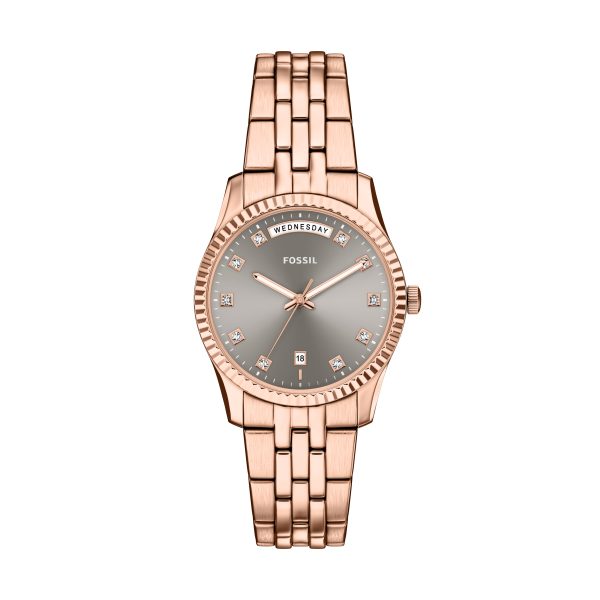Fossil Scarlette 34mm Three-Hand Day-Date Stainless Steel Watch - Preorder