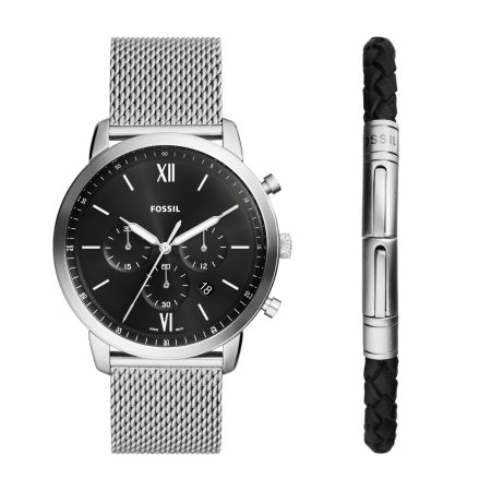 Fossil Neutra 44mm Chronograph Stainless Steel Mesh Watch and Bracelet Box Set - Preorder