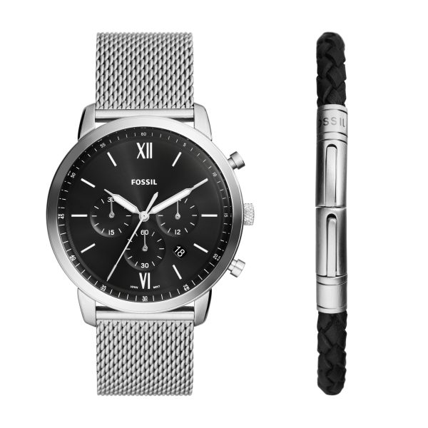 Fossil Neutra 44mm Chronograph Stainless Steel Mesh Watch and Bracelet Box Set - Preorder