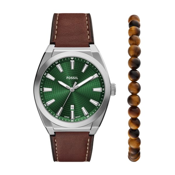 Fossil Everett 42mm Three-Hand Date Leather Watch and Bracelet Set - Preorder