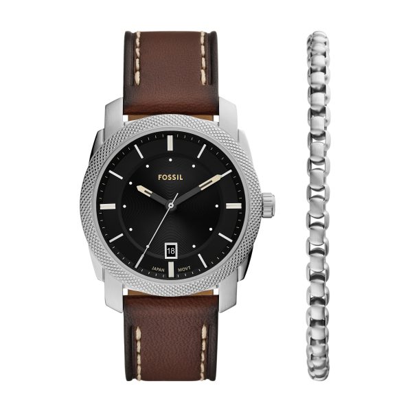 Fossil Machine 42mm Three-Hand Date Leather Watch and Bracelet Set - Preorder