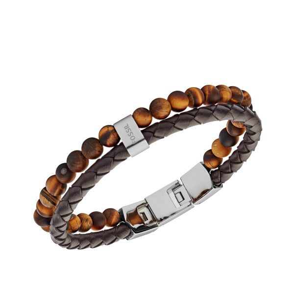 Fossil Beaded Tiger's Eye and Brown Leather Bracelet - Preorder