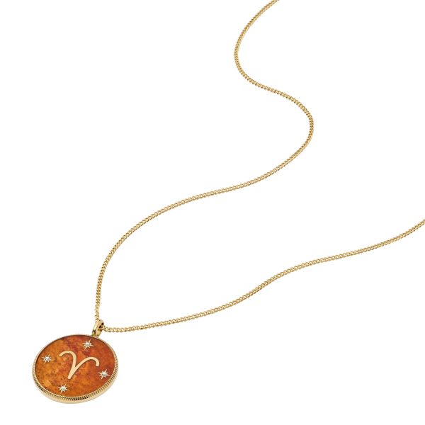Fossil Aries Sutton Zodiac Gold-Tone Stainless Steel Red Carnelian Pendant Necklace - Preorder