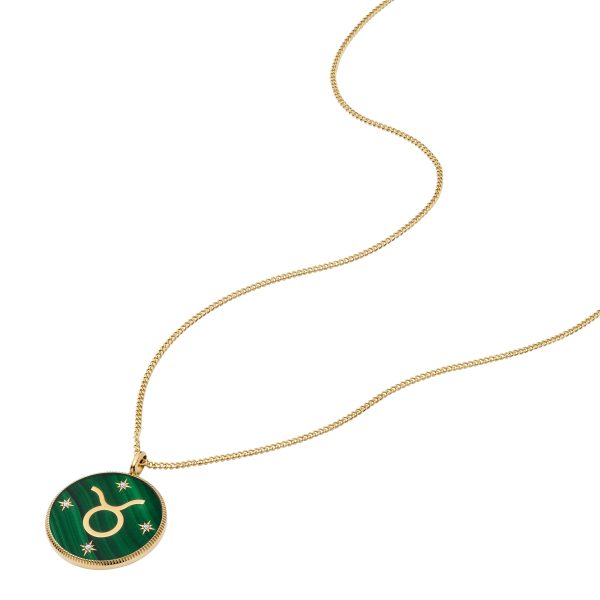 Fossil Taurus Sutton Zodiac Gold-Tone Stainless Steel Green Malachite Pendant Necklace - Preorder