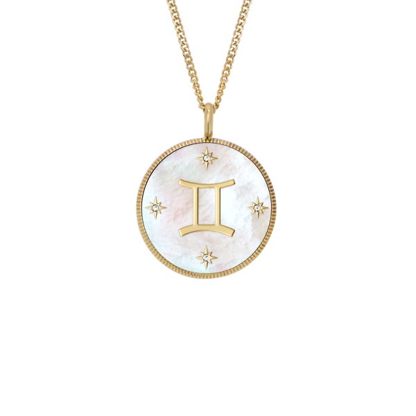 Fossil Gemini Sutton Zodiac Gold-Tone Stainless Steel White Mother-of-Pearl Pendant Necklace - Preorder