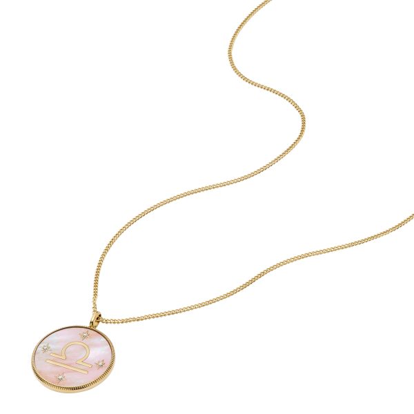 Fossil Libra Sutton Zodiac Gold-Tone Stainless Steel Pink Mother-of-Pearl Pendant Necklace - Preorder