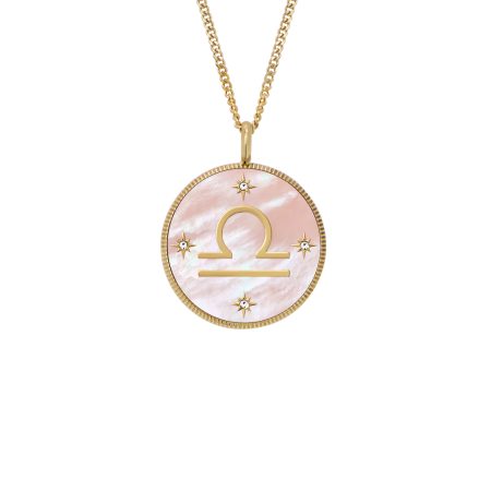 Fossil Libra Sutton Zodiac Gold-Tone Stainless Steel Pink Mother-of-Pearl Pendant Necklace - Preorder