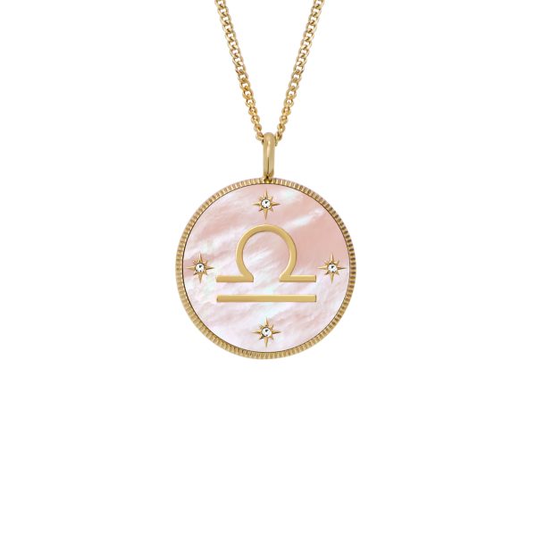 Fossil Libra Sutton Zodiac Gold-Tone Stainless Steel Pink Mother-of-Pearl Pendant Necklace - Preorder
