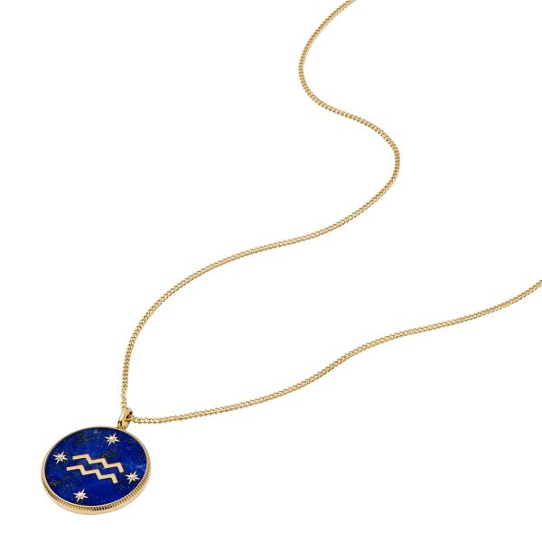 Fossil Aquarius Sutton Zodiac Gold-Tone Stainless Steel Blue Lapis Pendant Necklace - Preorder