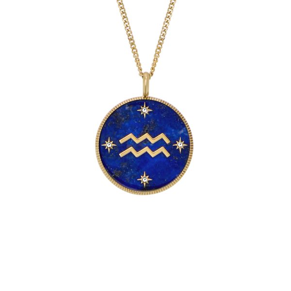Fossil Aquarius Sutton Zodiac Gold-Tone Stainless Steel Blue Lapis Pendant Necklace - Preorder