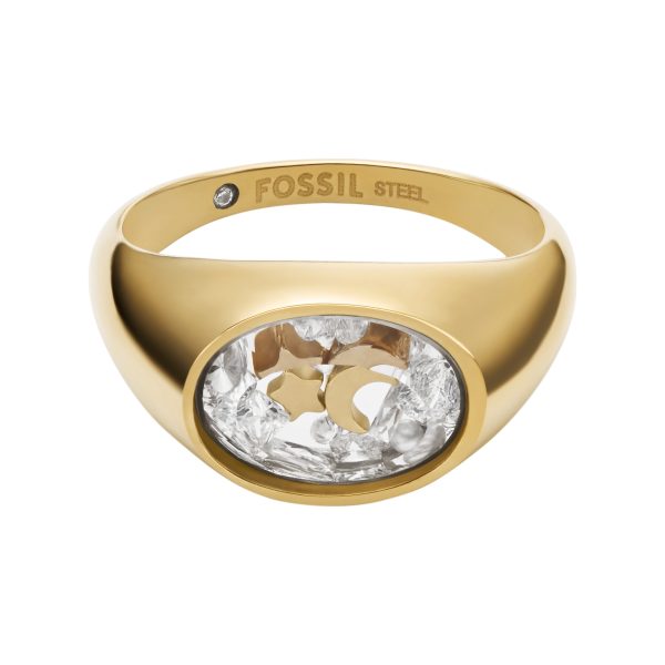 Fossil Sutton Shaky Glitz Gold-Tone Stainless Steel Moon and Star Signet Ring - Preorder