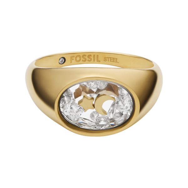 Fossil Sutton Shaky Glitz Gold-Tone Stainless Steel Moon and Star Signet Ring - Preorder