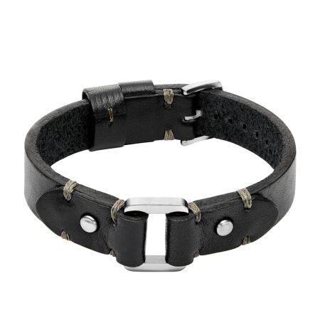 Fossil Machine Rugged Stainless Steel and Black Leather Strap Bracelet - Preorder