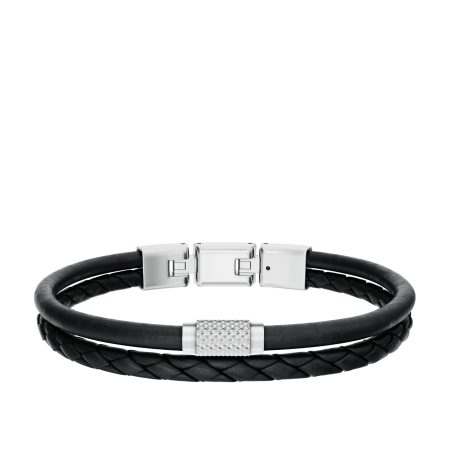 Fossil Machine Knurled Texture Black Leather Multi-Strand Bracelet - Preorder