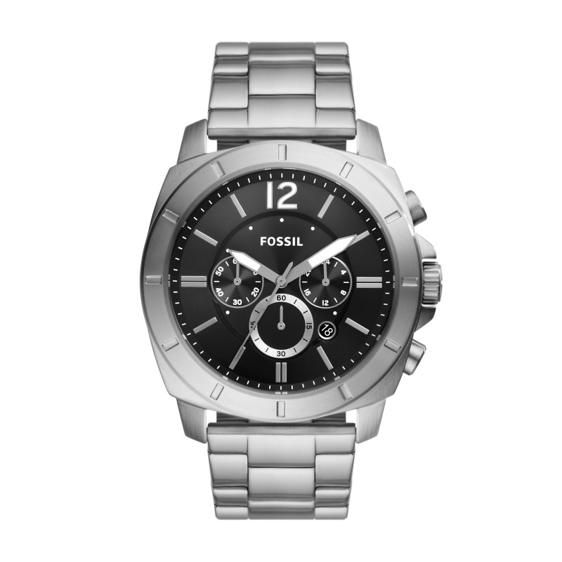 Fossil Nate JR1468 black dial silver stainless steel chronograph watch