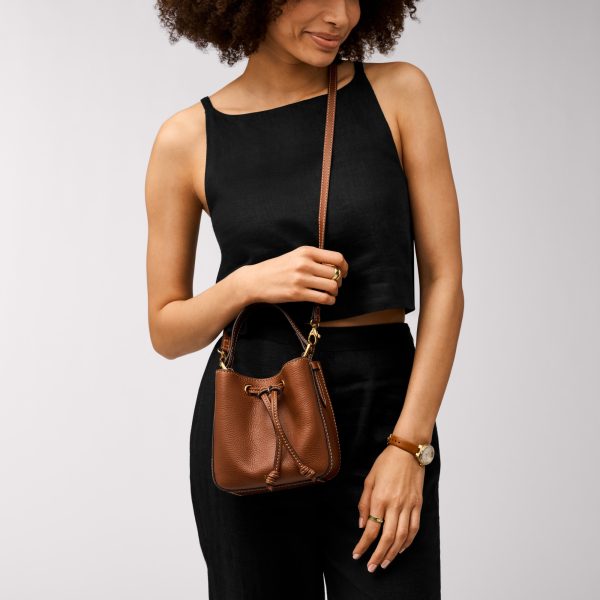 Fossil Tessa Small Bucket Crossbody in Medium Brown, on-model view