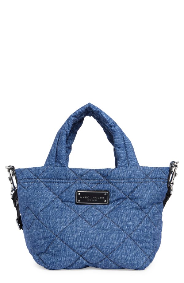 Marc Jacobs Denim Effect Quilted Mini Tote Bag in Denim Blue front view