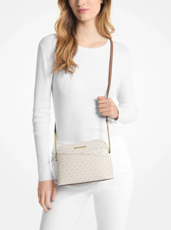 Michael Kors Jet Set Travel Medium Dome Crossbody Bag in Vanilla Signature Logo, view 3