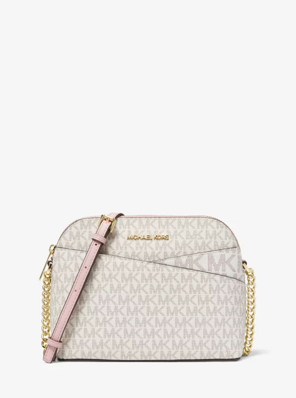 Michael Kors Jet Set Travel Medium Dome Crossbody Bag in Powder Blush Multi Signature Logo, view 1