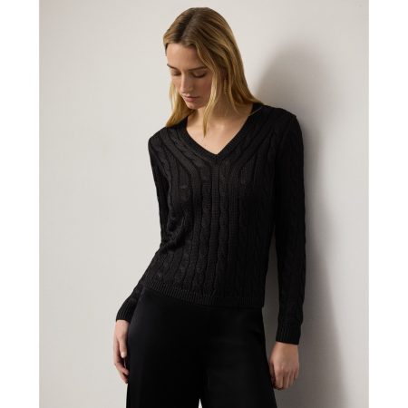 Ralph Lauren Cable-Knit Silk V-Neck Sweater