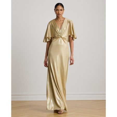 Ralph Lauren Metallic Jersey Twist-Front Cape Gown