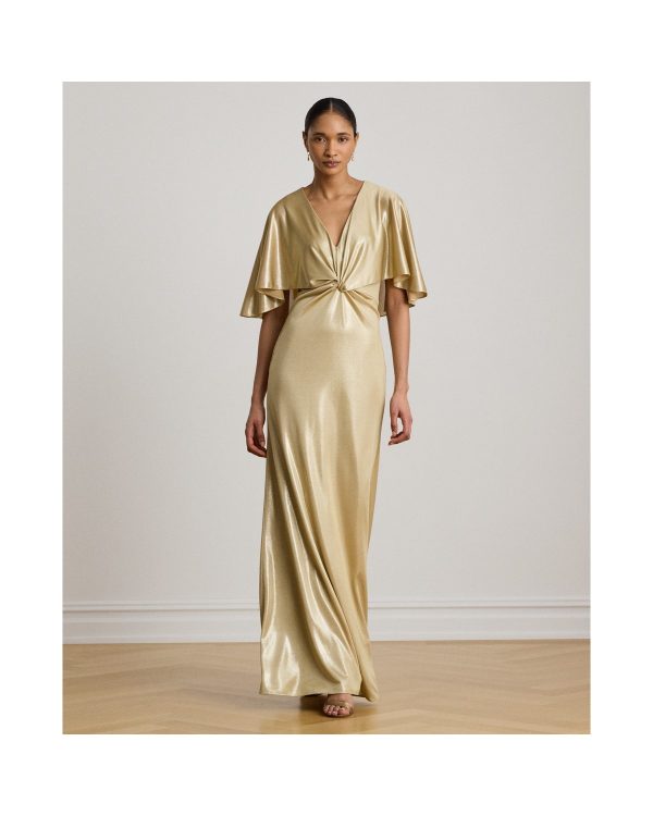 Ralph Lauren Metallic Jersey Twist-Front Cape Gown