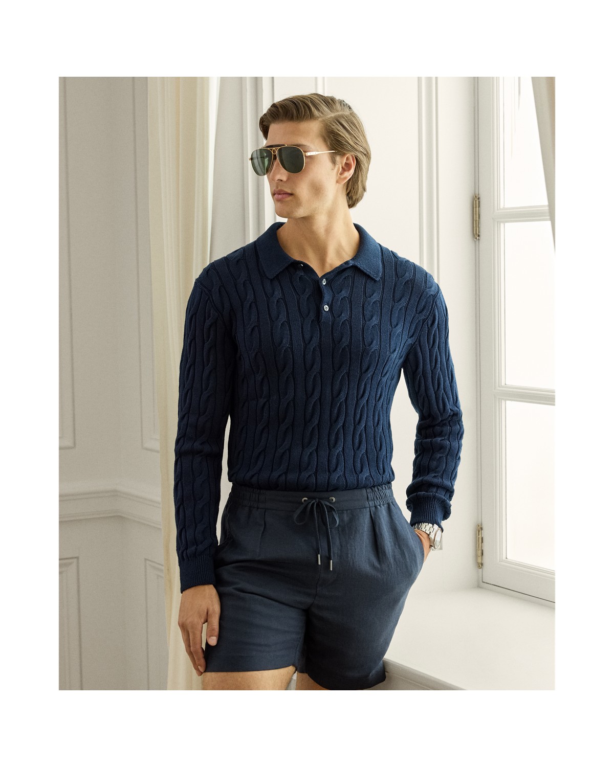 Polo Ralph Lauren Cable-Knit Cotton-Silk Polo Sweater