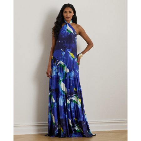Ralph Lauren Abstract-Print Shantung Halter Gown