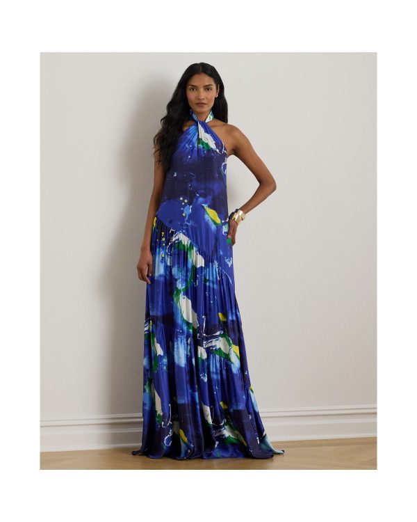 Ralph Lauren Abstract-Print Shantung Halter Gown