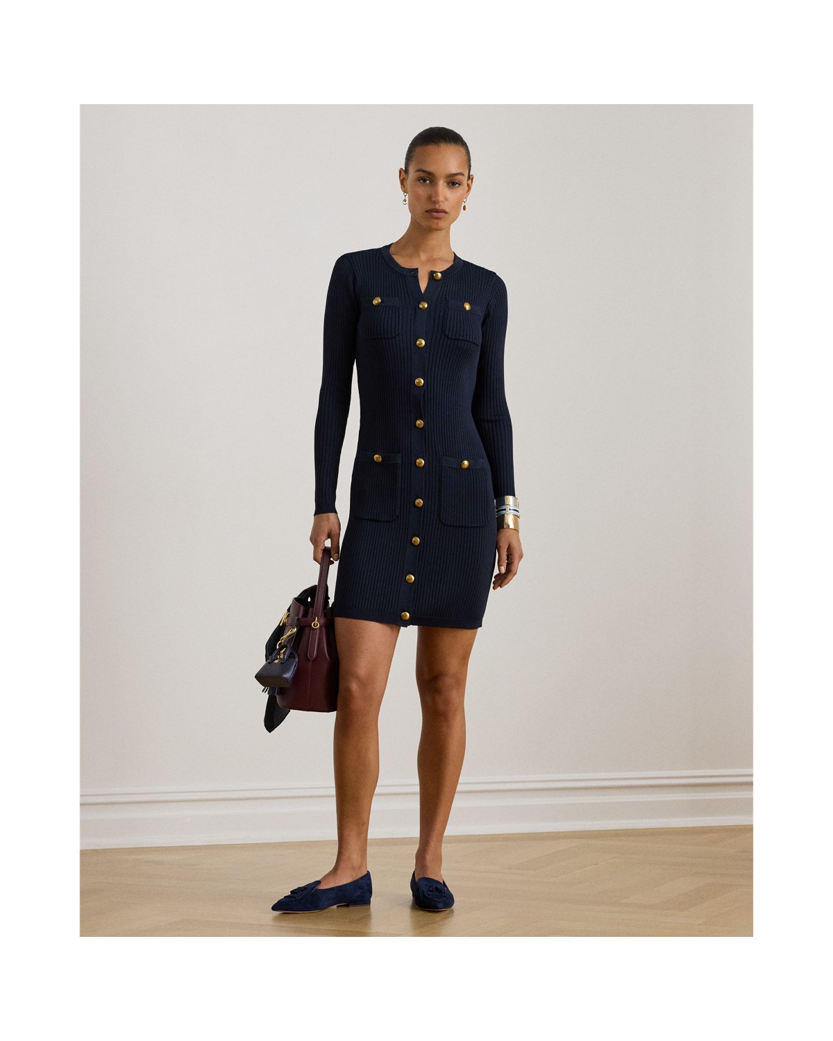 Ralph Lauren Button-Trim Rib-Knit Sweater Dress
