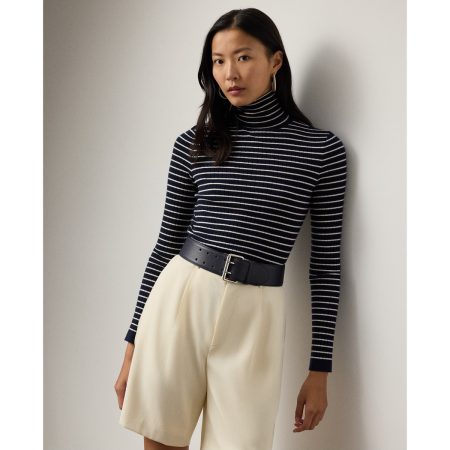 Ralph Lauren Striped Rib-Knit Cashmere Turtleneck