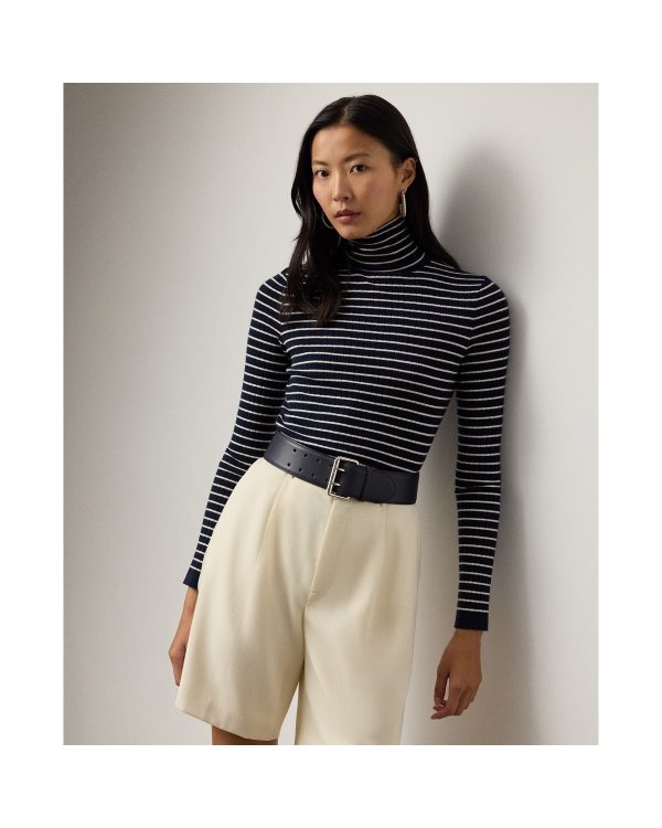 Ralph Lauren Striped Rib-Knit Cashmere Turtleneck