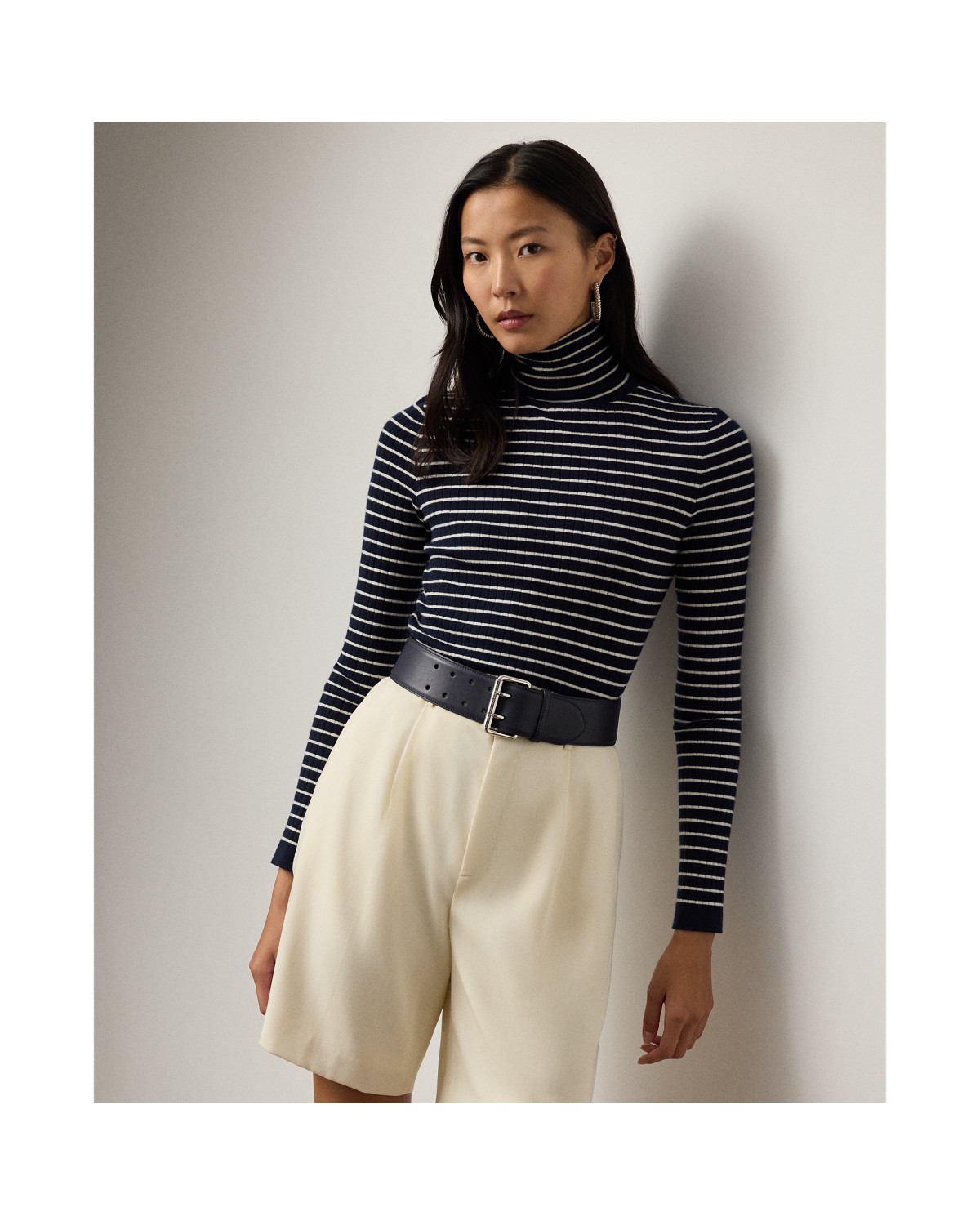 Ralph Lauren Striped Rib-Knit Cashmere Turtleneck