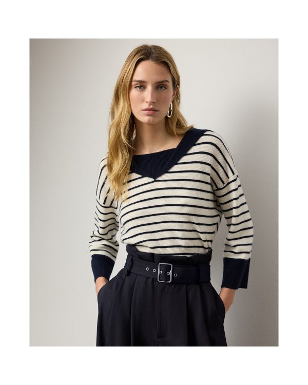 Ralph Lauren Sailor-Collar Striped Cashmere Sweater