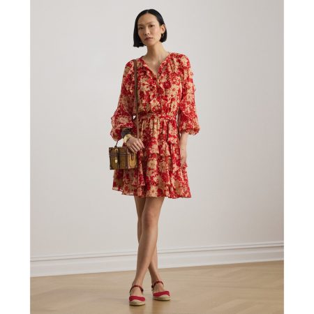 Ralph Lauren Print Ruffle-Trim Georgette Tiered Dress