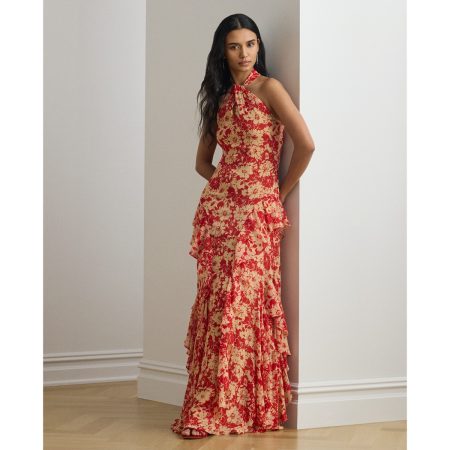 Ralph Lauren Floral Ruffle-Trim Georgette Halter Gown