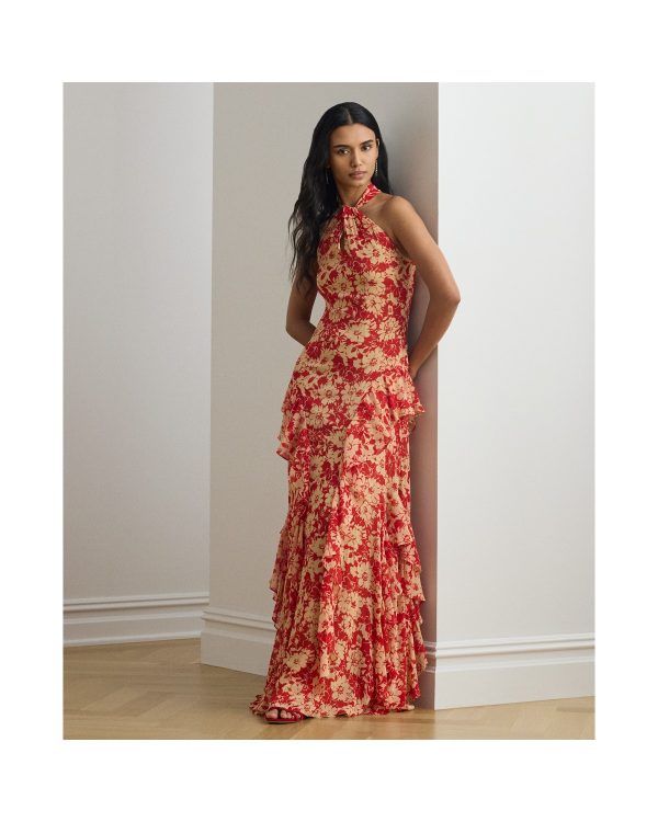 Ralph Lauren Floral Ruffle-Trim Georgette Halter Gown