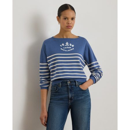 Ralph Lauren Logo Striped Cotton Boatneck Sweater