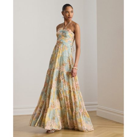 Ralph Lauren Floral Georgette Tiered Halter Gown