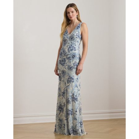 Ralph Lauren Floral Beaded Tulle Gown
