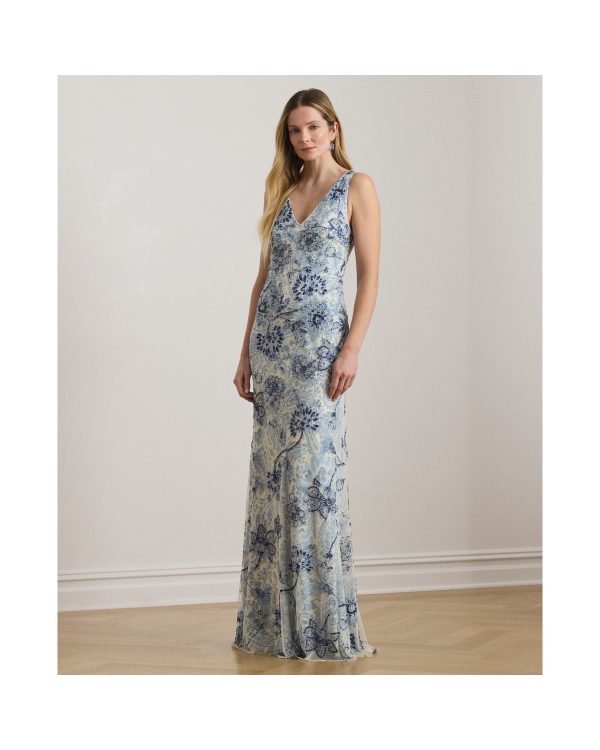 Ralph Lauren Floral Beaded Tulle Gown