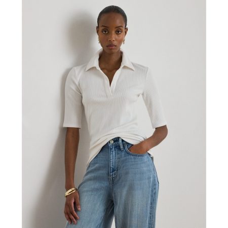 Ralph Lauren Rib-Knit Elbow-Sleeve Polo Tee
