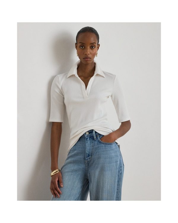 Ralph Lauren Rib-Knit Elbow-Sleeve Polo Tee