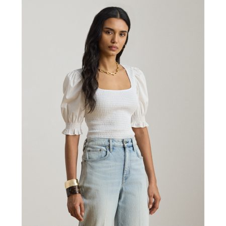 Ralph Lauren Smocked Cotton Jersey Puff-Sleeve Top